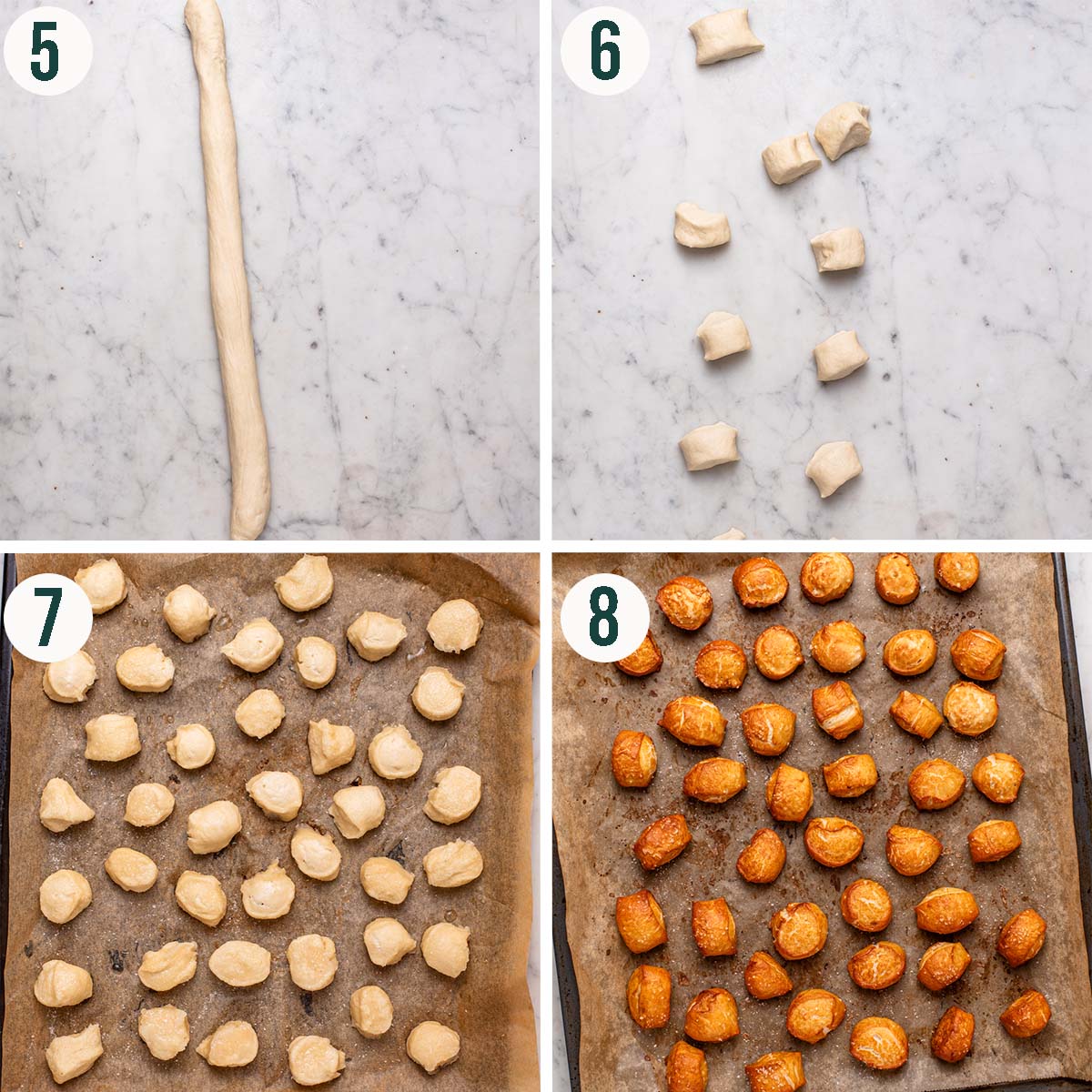 Pretzel bites steps 5 to 8, rolled into a rope, cut into pieces, after boiling, and after baking.