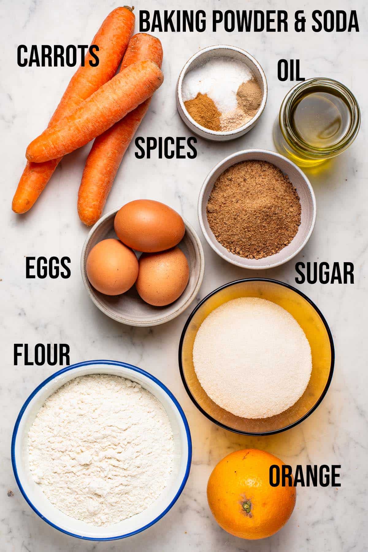 Carrot cake ingredients with labels.